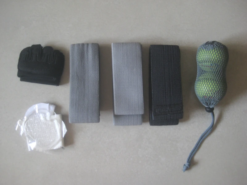 exercise bands, massage balls and gloves